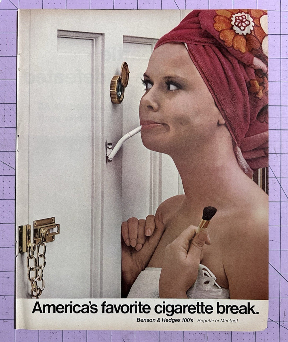 Benson & Hedges Cigarettes Ad 1971 Woman in Towel Peephole 100's Vintage Print